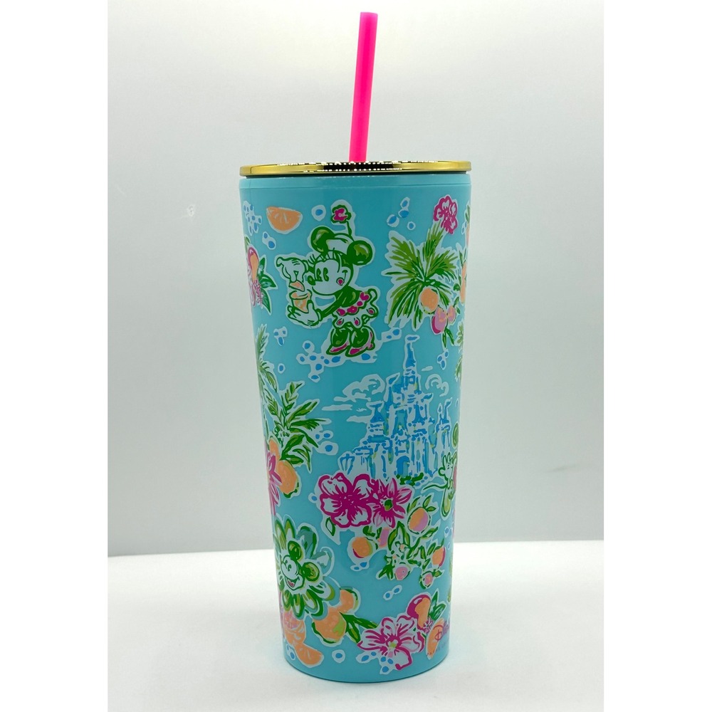 NWOT Lilly Pulitzer Disney Parks Mickey Minnie Tropical Blue Tumbler With Straw